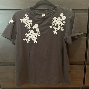 Black flower embroidered flutter sleeve shirt